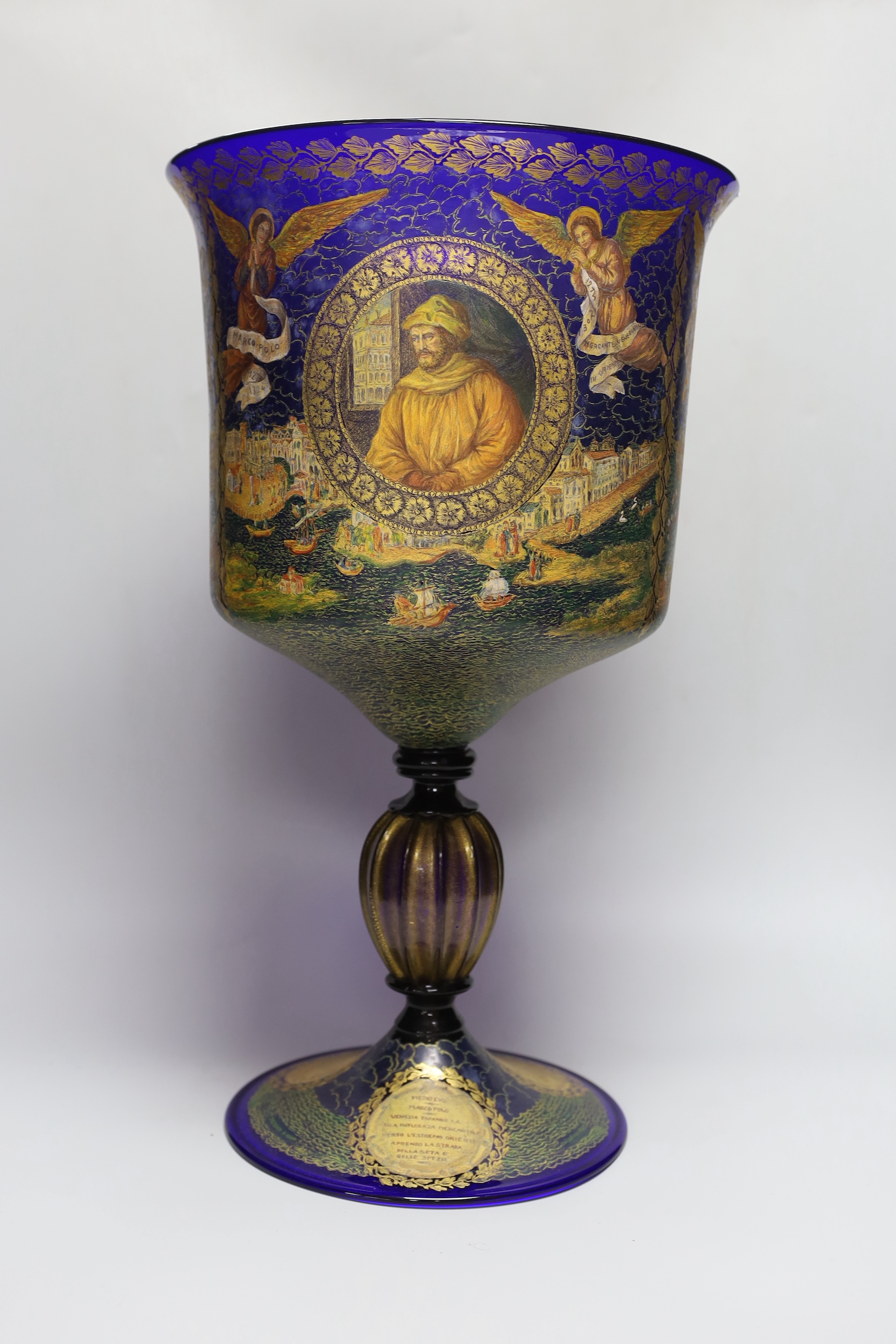 A large Barovier style Murano enamelled and gilded glass presentation goblet, 51cm